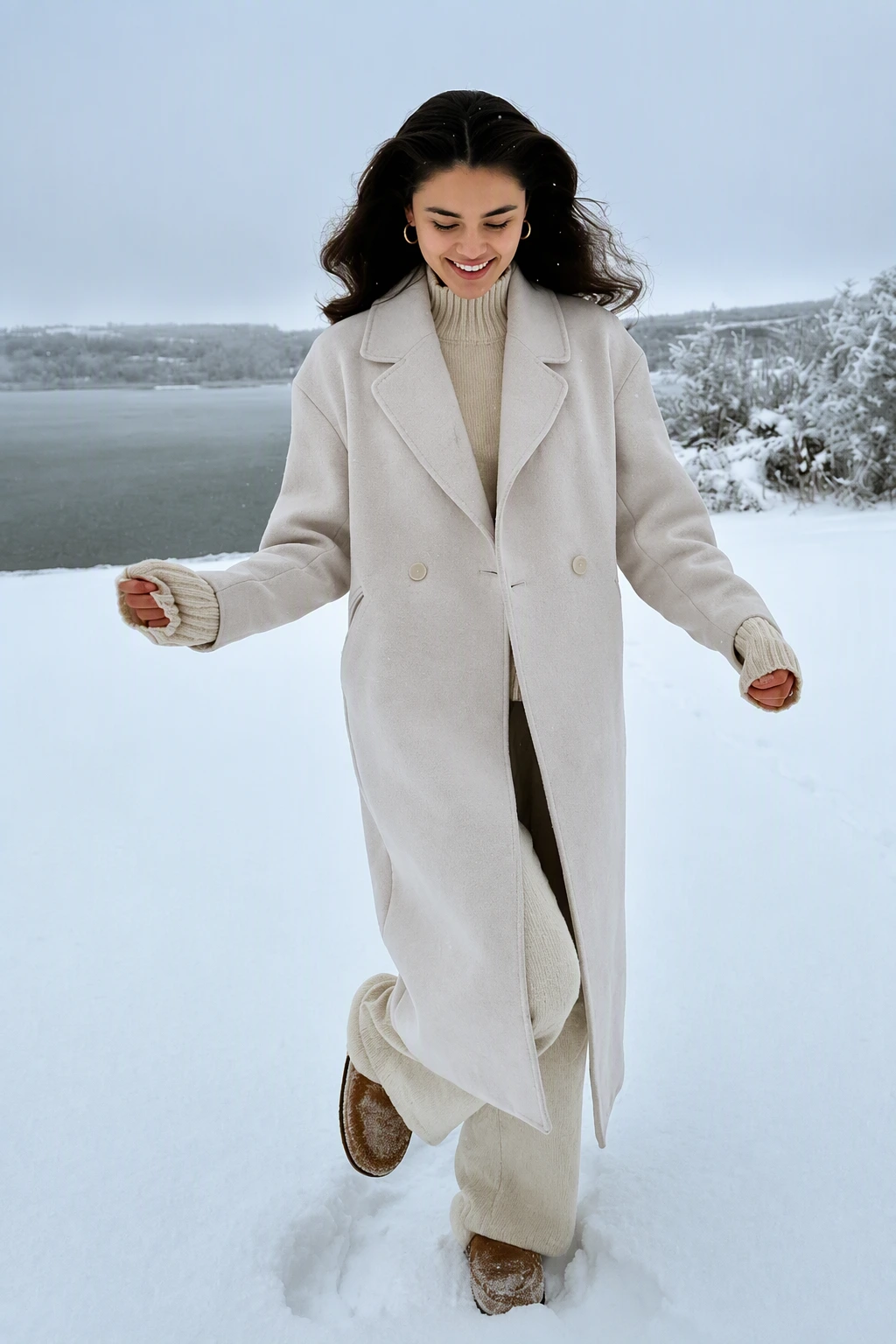 White Long Coat + Cream Turtleneck + White Wide-Leg Pants