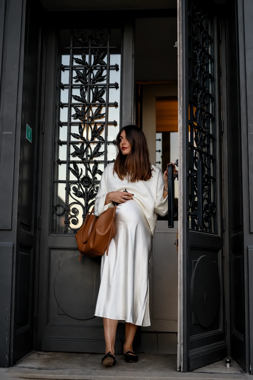 White Loose Sweater + White Satin Midi Skirt + Black Flats