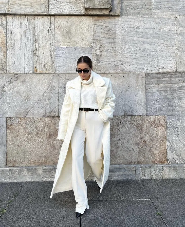 White Maxi Coat + White Turtleneck + White Trousers