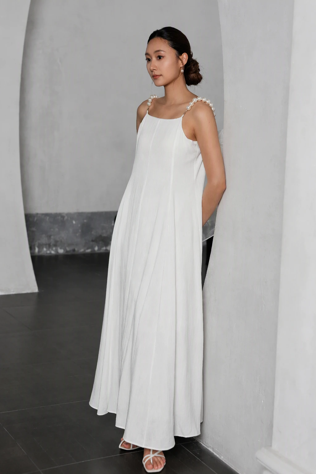 White Maxi Dress + Pearl Strap Detail