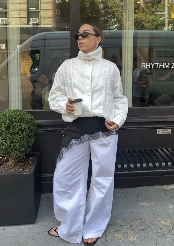 White Mock Neck Jacket + Lace Trim Pants + Sunglasses