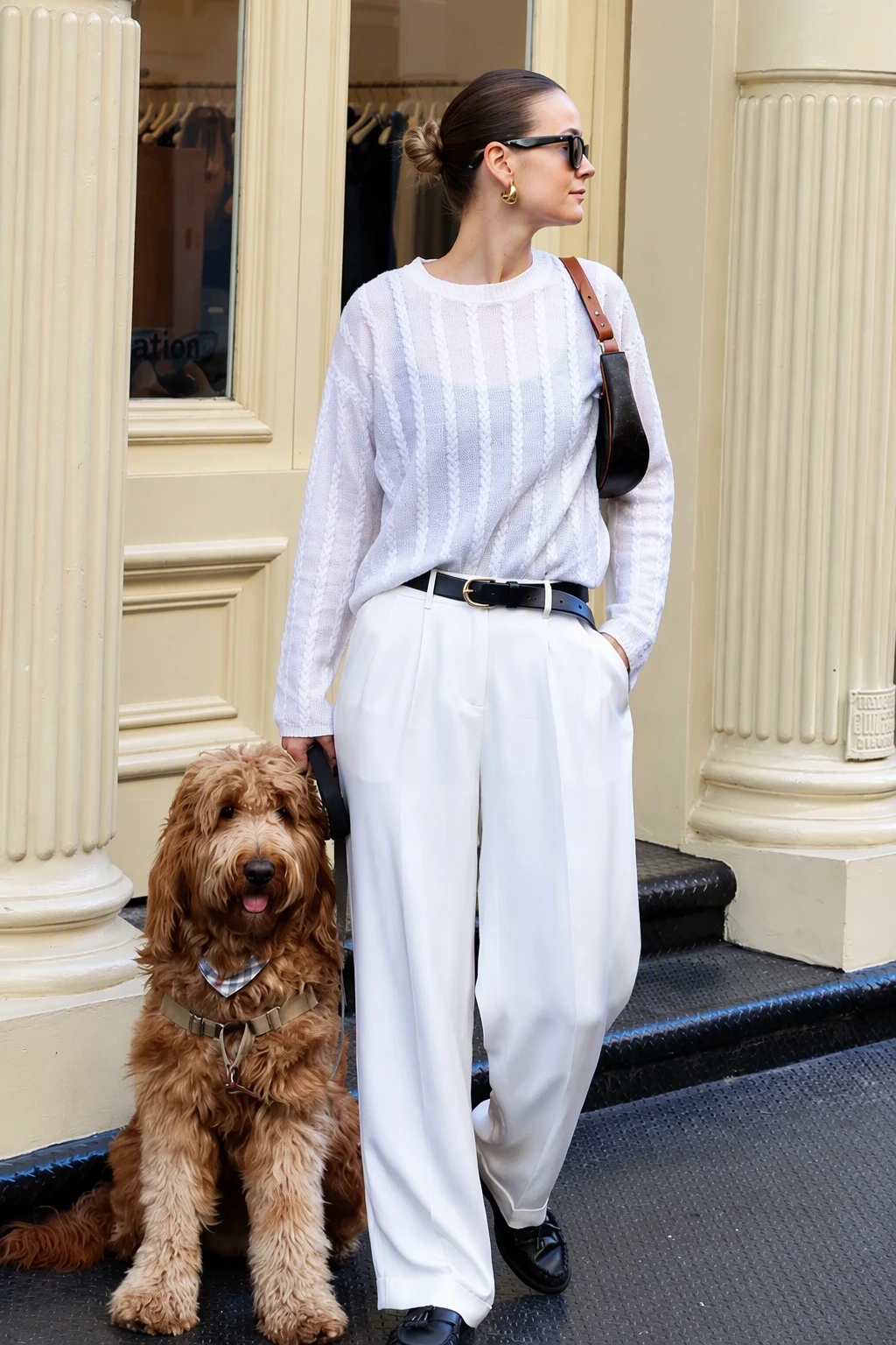 White Open-Knit Sweater + White Wide-Leg Trousers + Black Leather Loafers + Black Belt