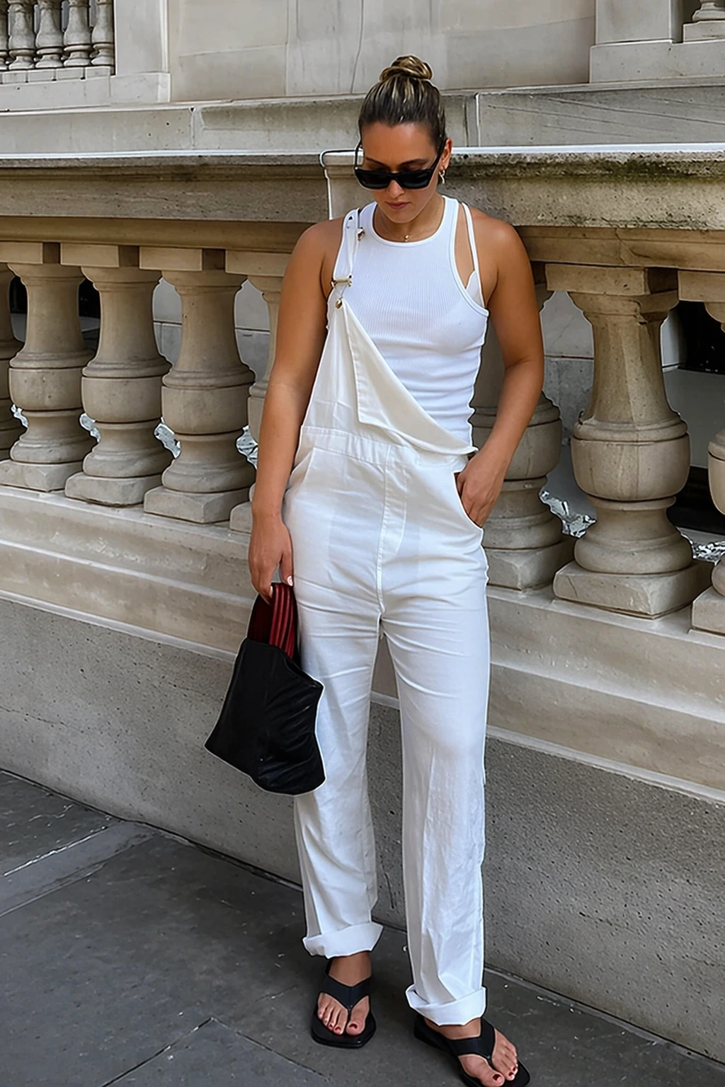 White Overall Pants + White Tank Top + Black Tote Bag + Strappy Slippers