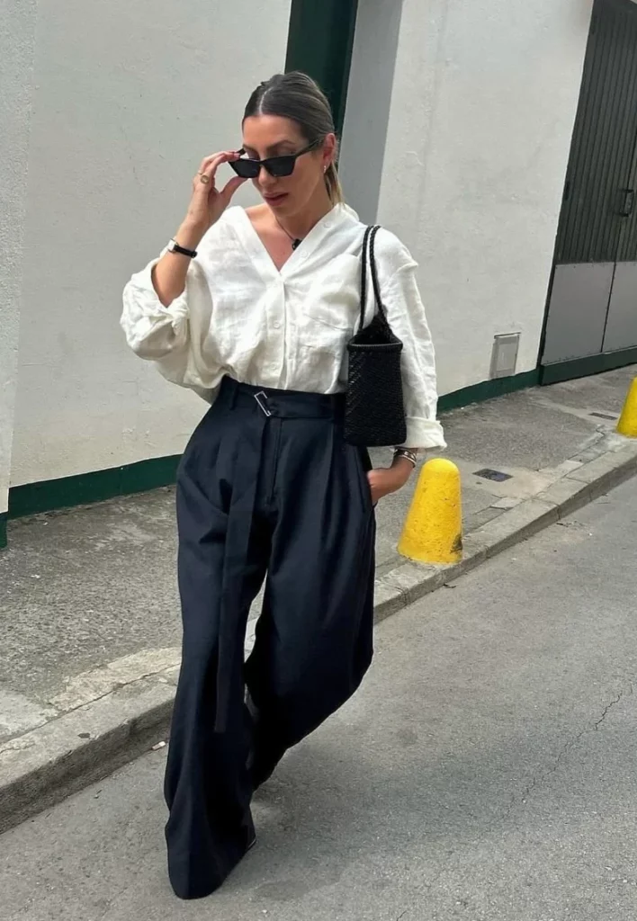 White Oversized Button-Up Shirt + Black Wide-Leg Trousers + Black Slip-On Shoes