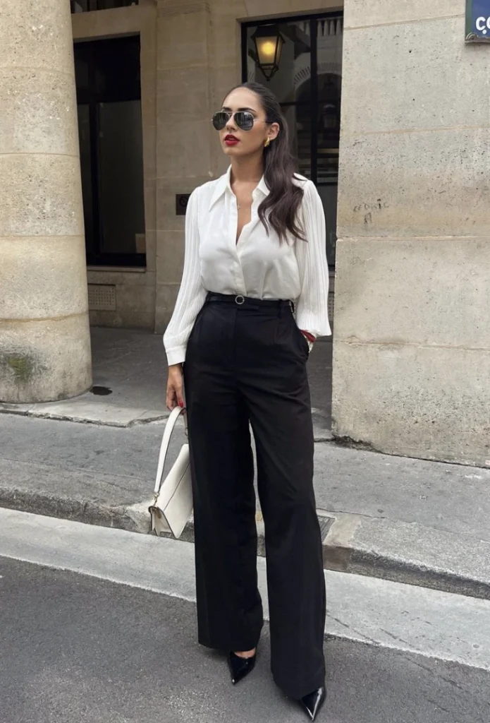 White Pleated Blouse + Black Wide-Leg Trousers + Black Pointed-Toe Heels