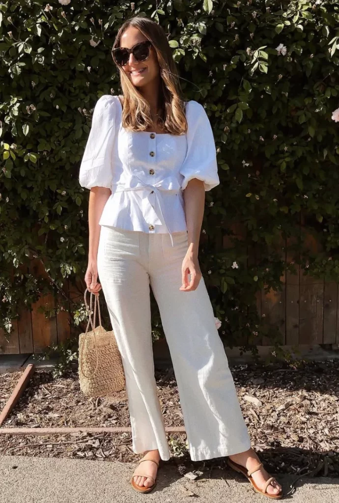White Puff-Sleeve Button-Front Top + Cream Wide-Leg Linen Pants + Tan Flat Sandals