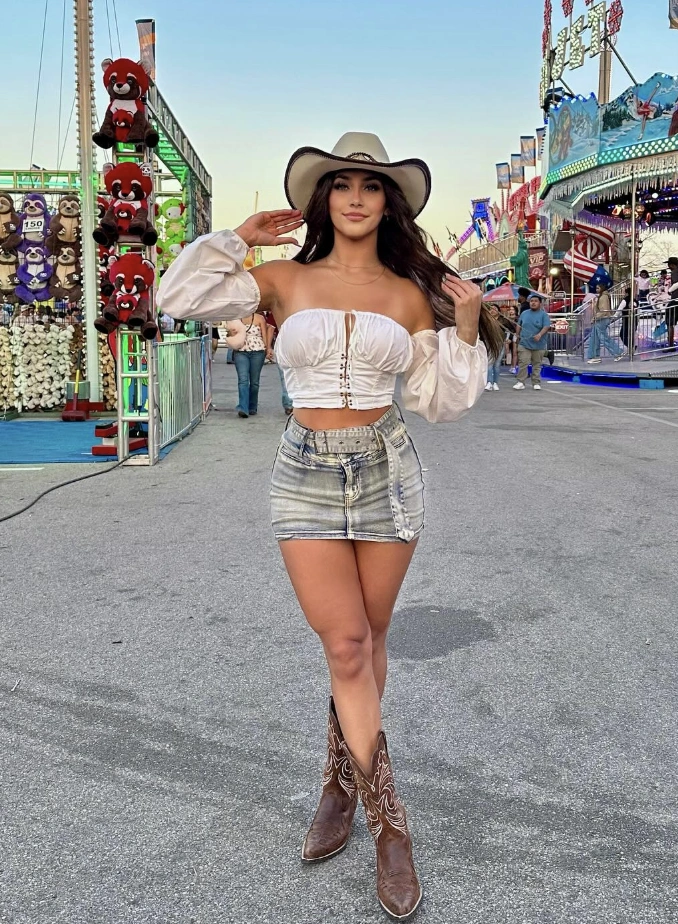 White Puff Sleeve Crop Top + Light Wash Denim Mini Skirt + Brown Cowboy Boots + Tan Cowboy Hat