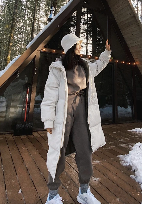 White Puffer Coat + Grey Sweatsuit + White Sneakers + Fuzzy Bucket Hat