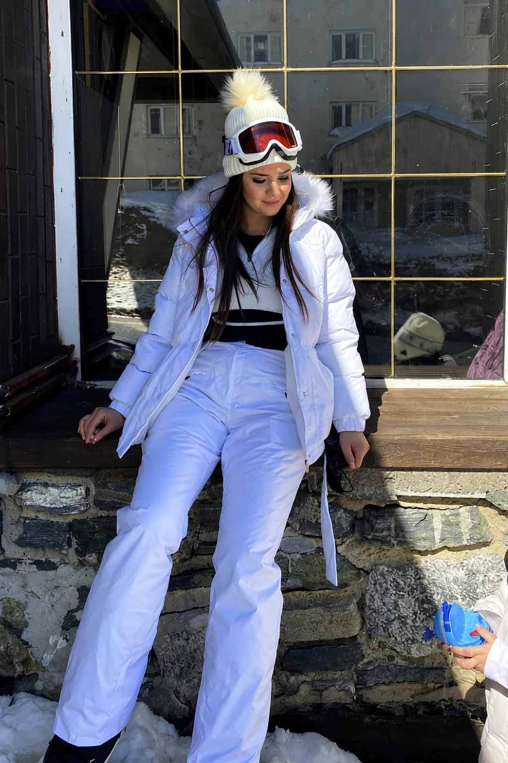 White Puffer Coat + Ski Pants + Pom Beanie + Goggles