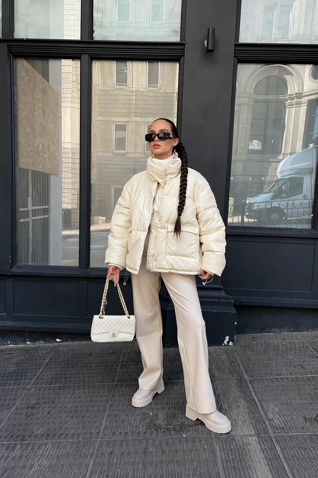 White Puffer Jacket + Beige Leather Pants + Beige Boots