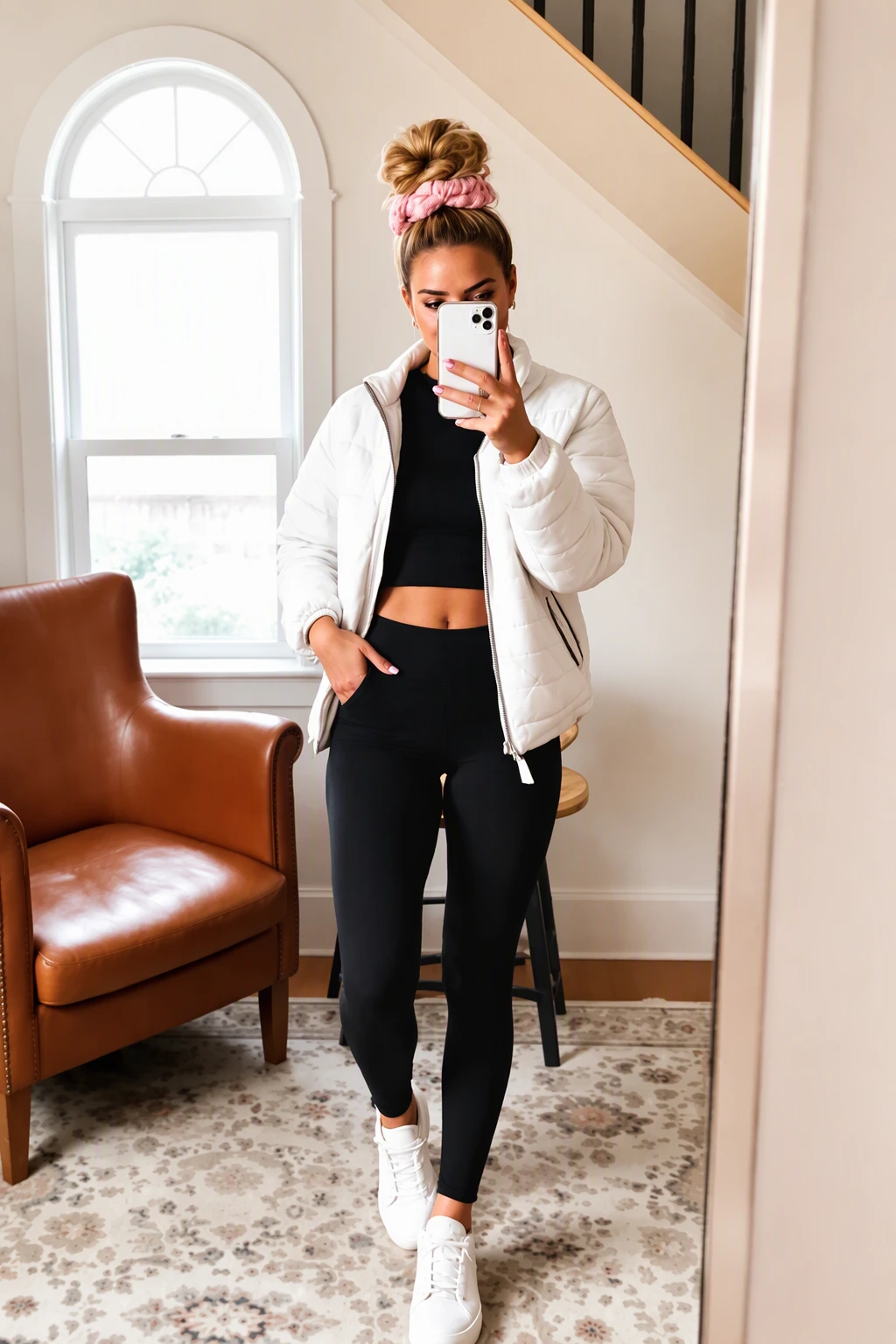White Puffer Jacket + Black Crop Top + Black Leggings + White Sneakers