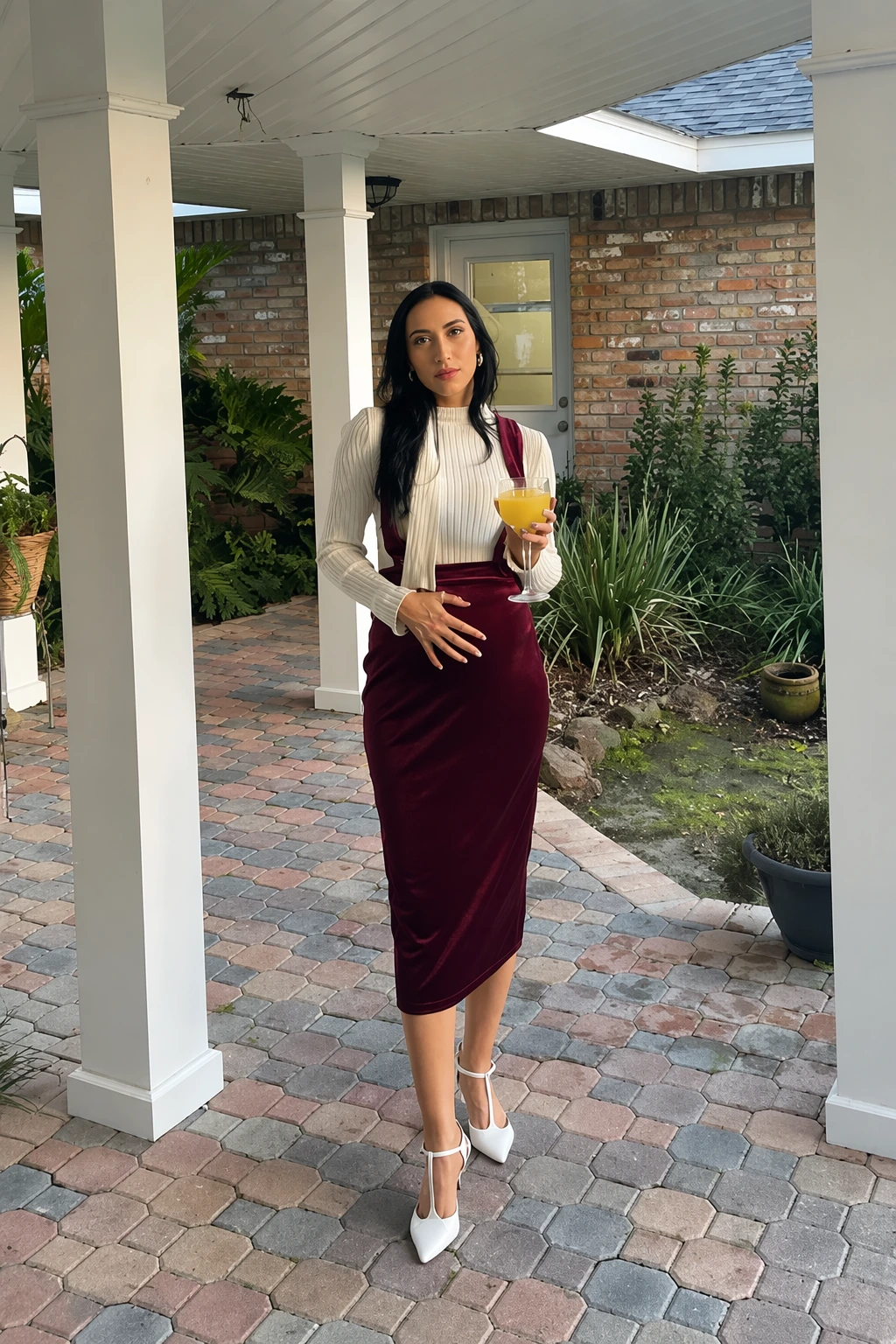 White Ribbed Long Sleeve Blouse + Burgundy Velvet Pencil Skirt + White Pointed Toe Heels