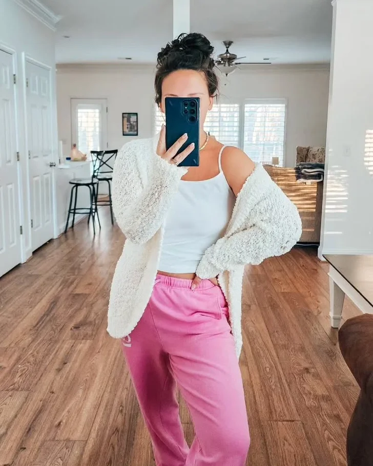 White Ribbed Tank Top + Pink Sweatpants + Cream Fuzzy Cardigan