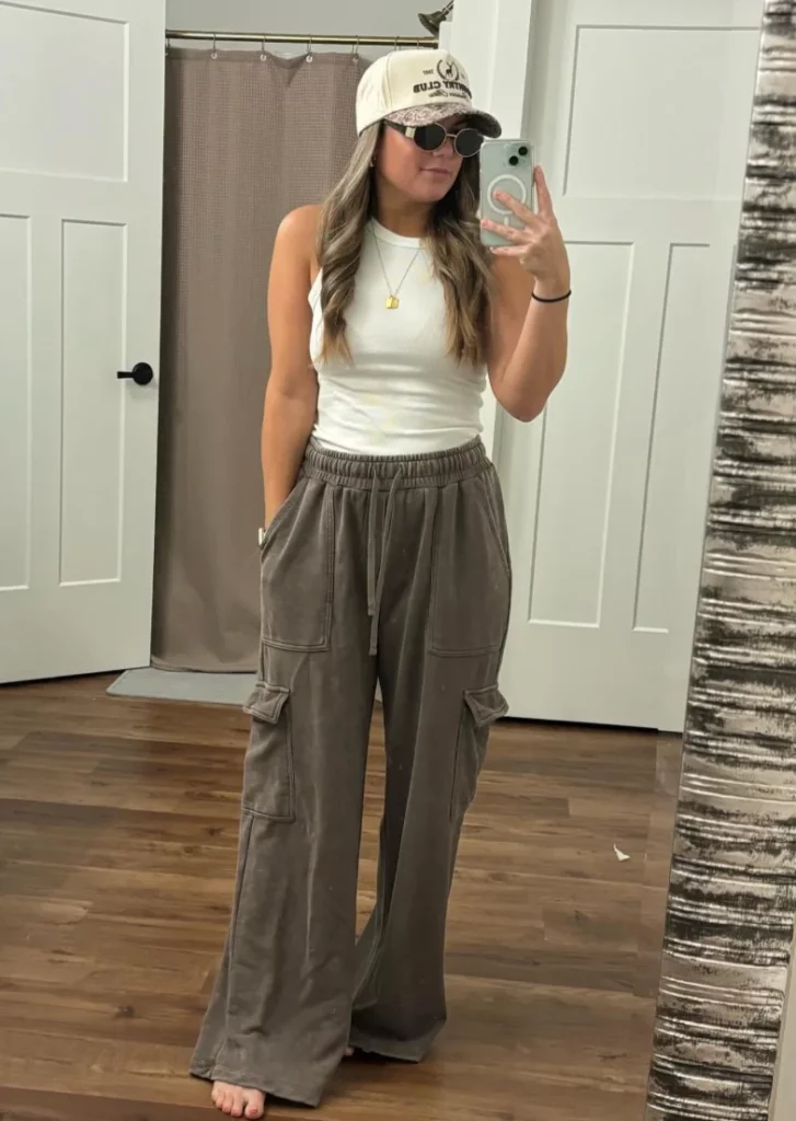 White Ribbed Tank Top + Taupe Cargo Sweatpants + White Baseball Cap