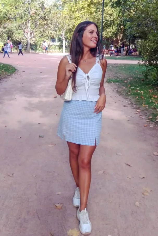 White Ruched Tank Top + Blue Gingham Mini Skirt + White Sneakers