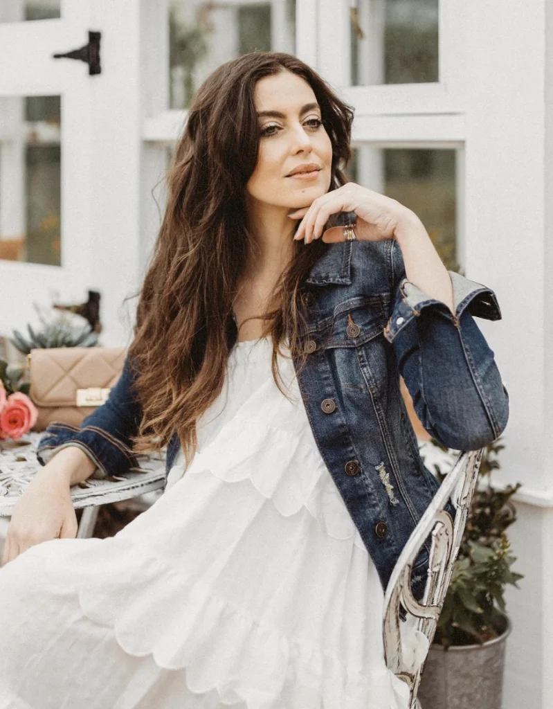 White Ruffled Dress + Denim Jacket + Elegant Sandals