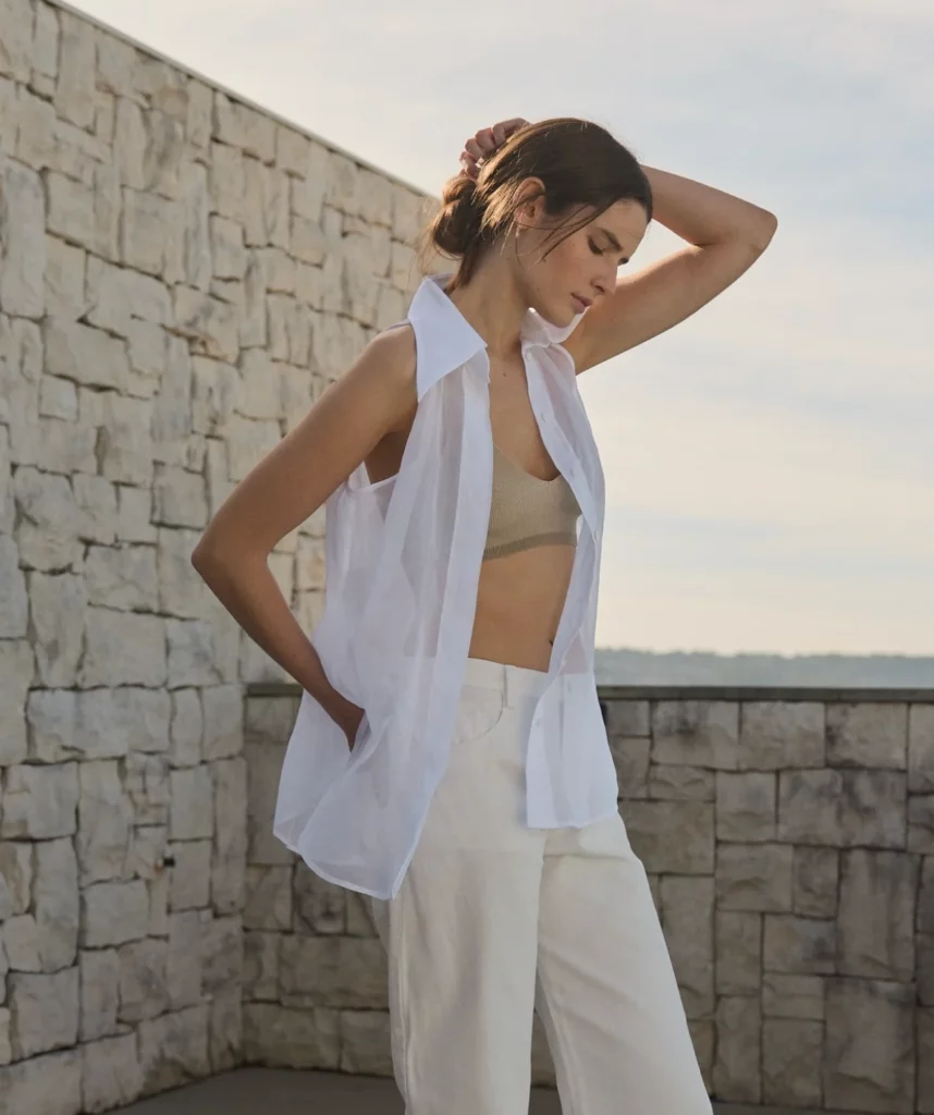 White Sheer Sleeveless Shirt + Cream Crop Top + White Relaxed Wide-Leg Pants