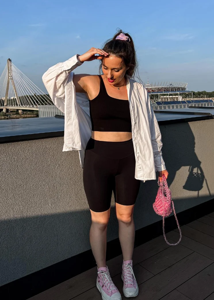 White Shirt + Black Crop Top + Bike Shorts