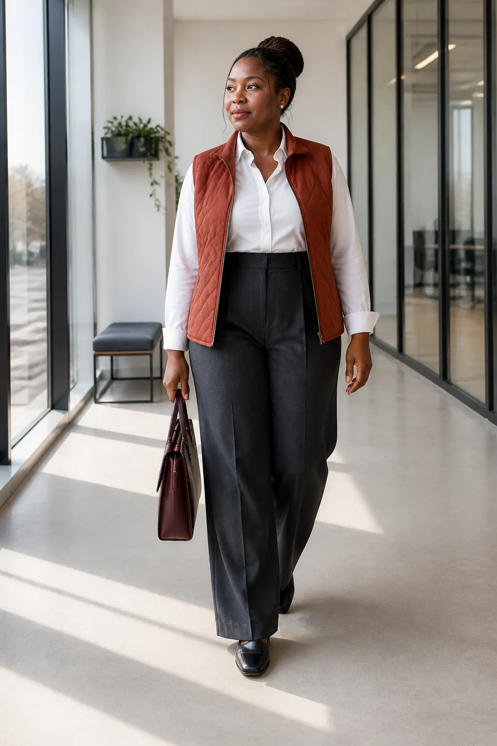 White Shirt, Wide-Leg Pants, and Rust Vest