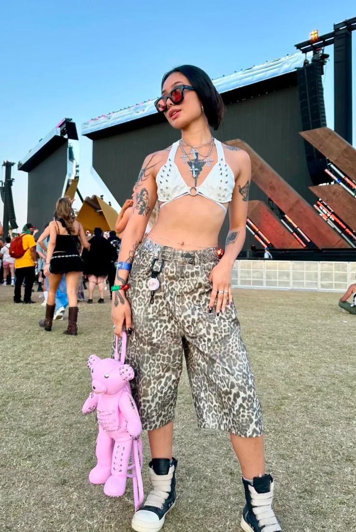 White Studded Halter Bikini Top + Gray Leopard Print Capri Pants + Black Gray High-Top Sneakers