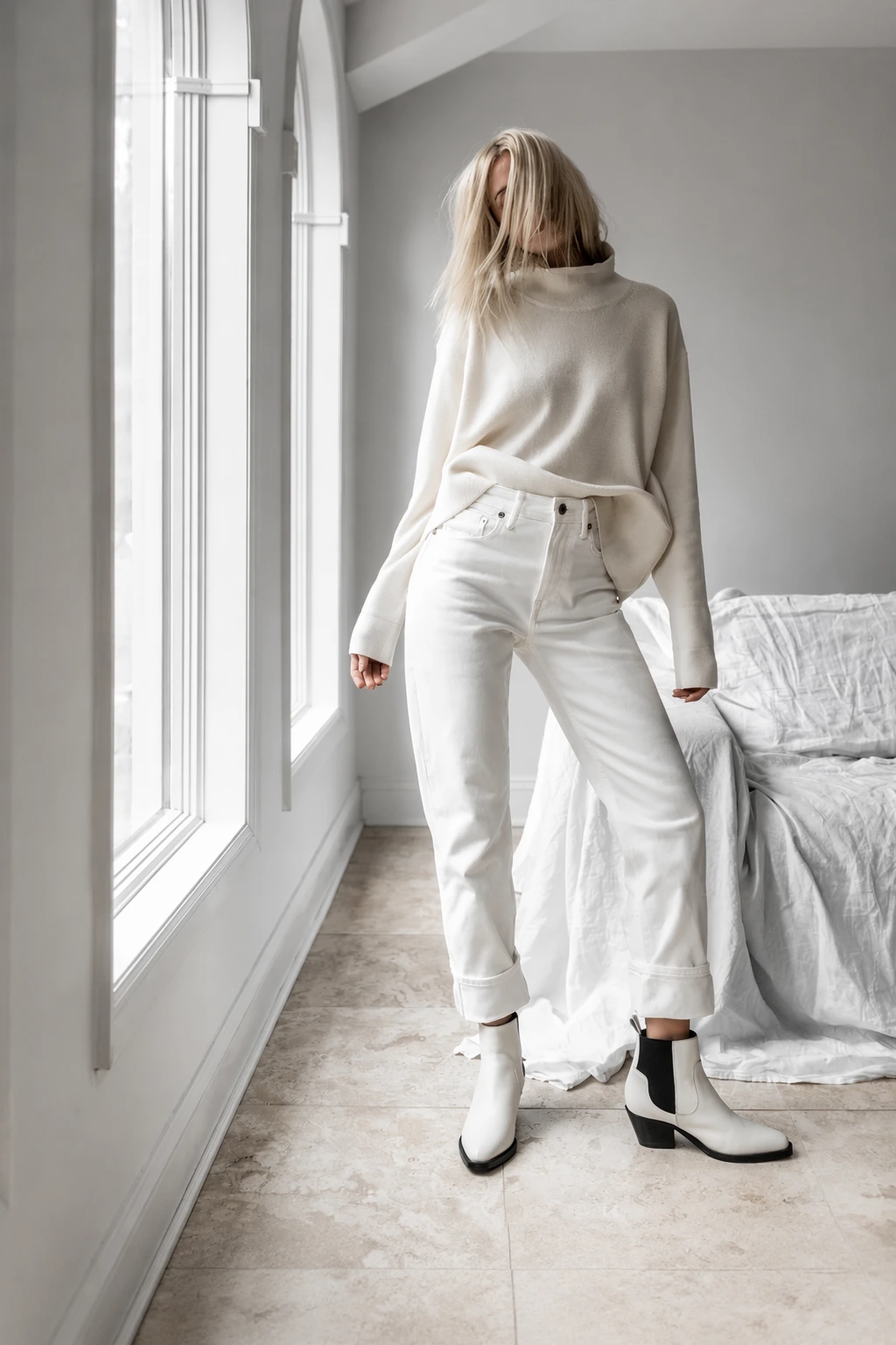 White Sweater + White Denim + White Boots