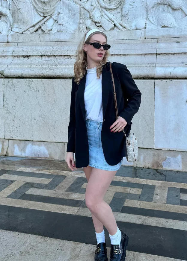 White T-Shirt + Denim Mini Skirt + Black Blazer + Loafers