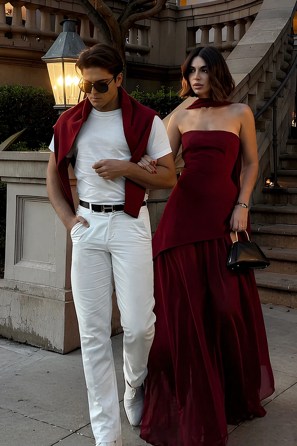 White T-Shirt + Red Cashmere Sweater + White Tailored Trousers + Burgundy Strapless Evening Dress