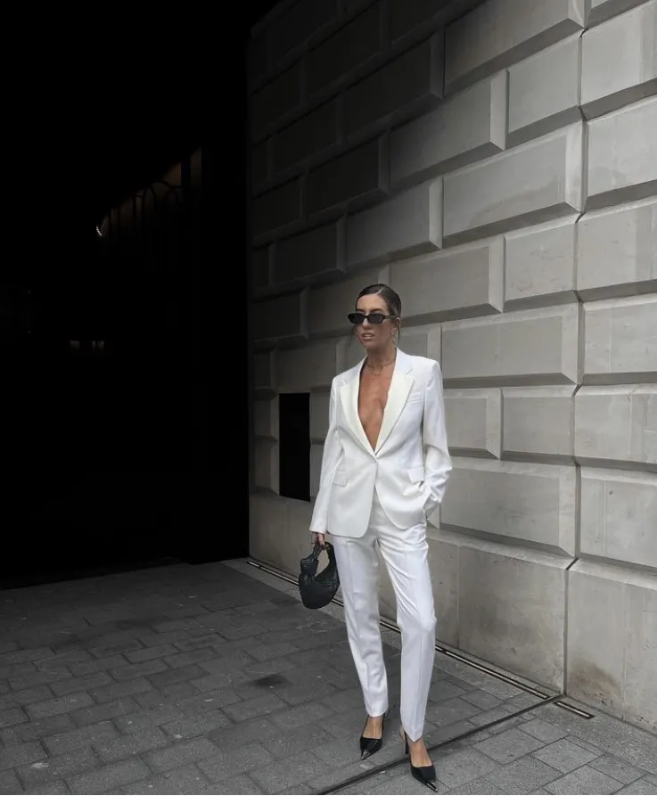 White Tailored Blazer + White Tailored Trousers + Black Pointed-Toe Heels