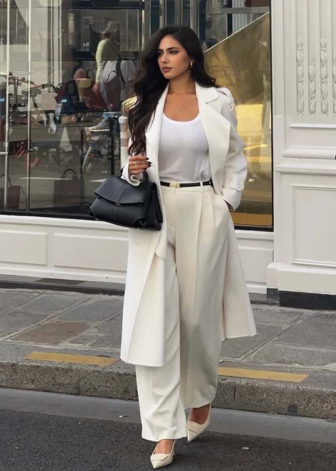 White Tailored Blazer + White Wide-Leg Trousers + White Fitted Tank Top + White Pointed-Toe Heels