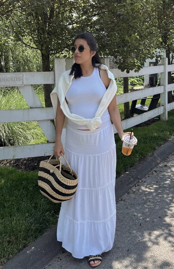 White Tank Top + White Tiered Maxi Skirt + Cream Cardigan + Black Strappy Sandals