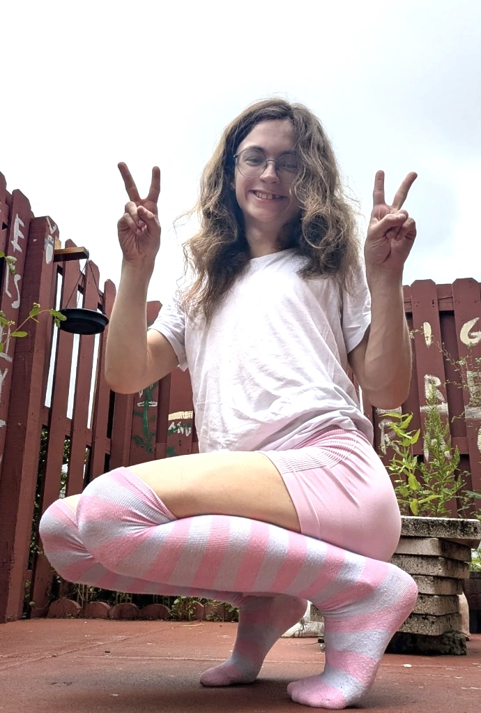 White Tee + Pink Shorts + Striped Thigh-Highs