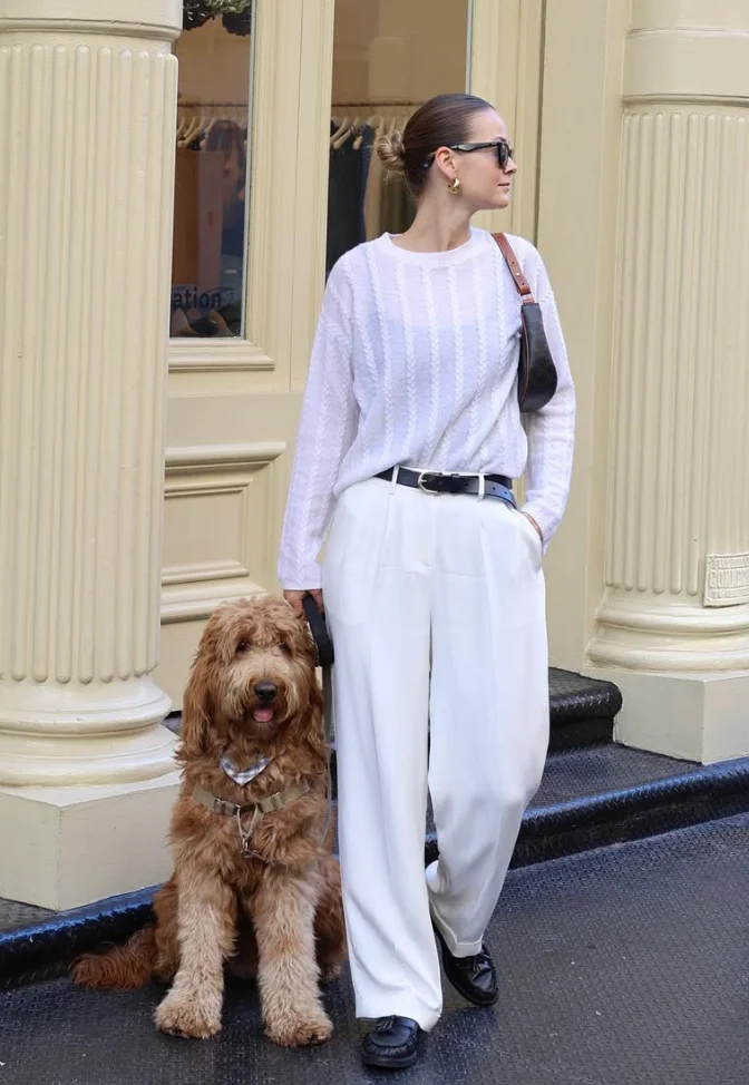 White Textured Sweater + White Wide-Leg Trousers + Black Leather Belt + Black Loafers