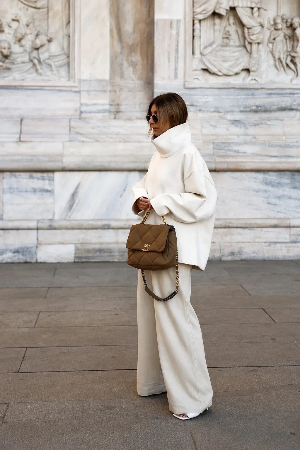 White Turtleneck + White Wide Leg Trousers