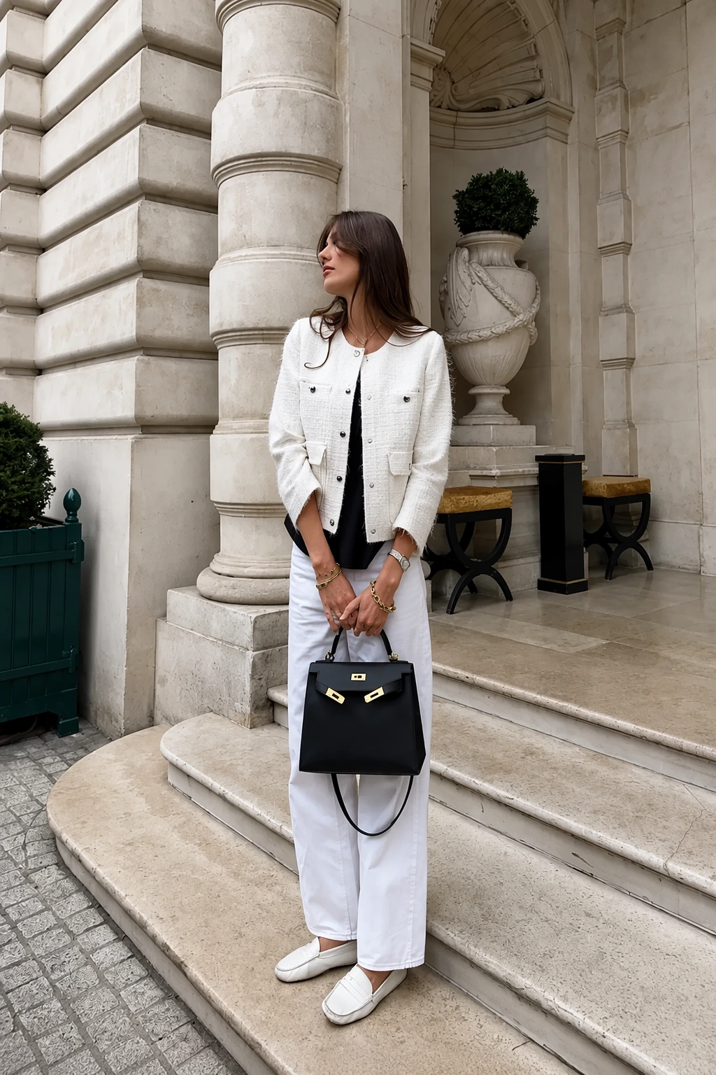 White Tweed Jacket + Black Top + White Wide-Leg Trousers + White Loafers