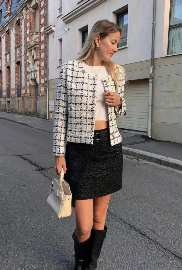 White Tweed Jacket + White Crop Top + Black Mini Skirt + Black Knee-High Boots