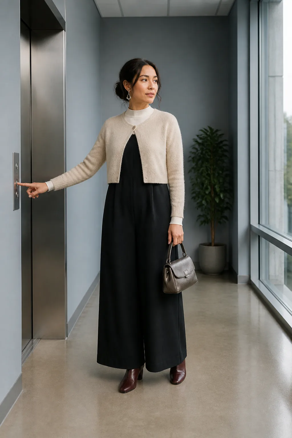 Wide-Leg Black Jumpsuit with a Cropped Cardigan