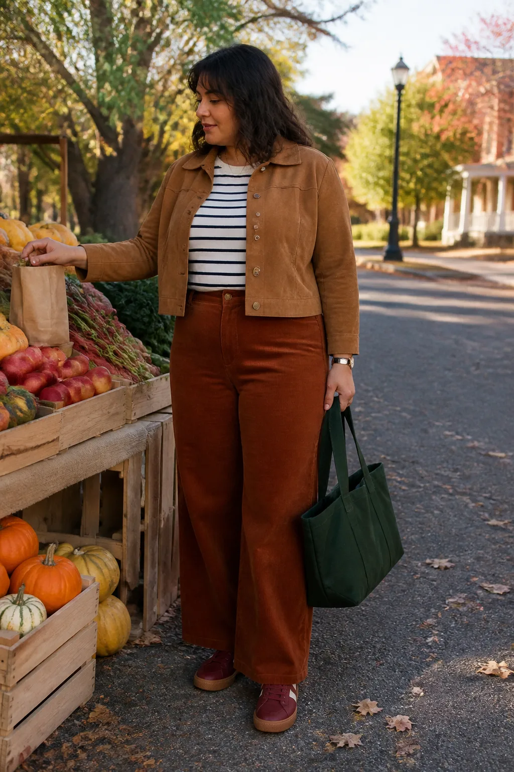 Wide-Leg Corduroy Trousers, Striped Knit, and Burgundy Sneakers