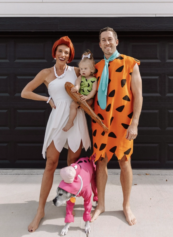 Wilma Flintstone Costume + Fred Flintstone Costume + Baby Dino Outfit + Pink Pig Dog Costume