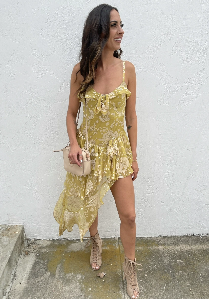 Yellow Floral Asymmetrical Dress + Nude Lace-Up Heels + Cream Crossbody Bag