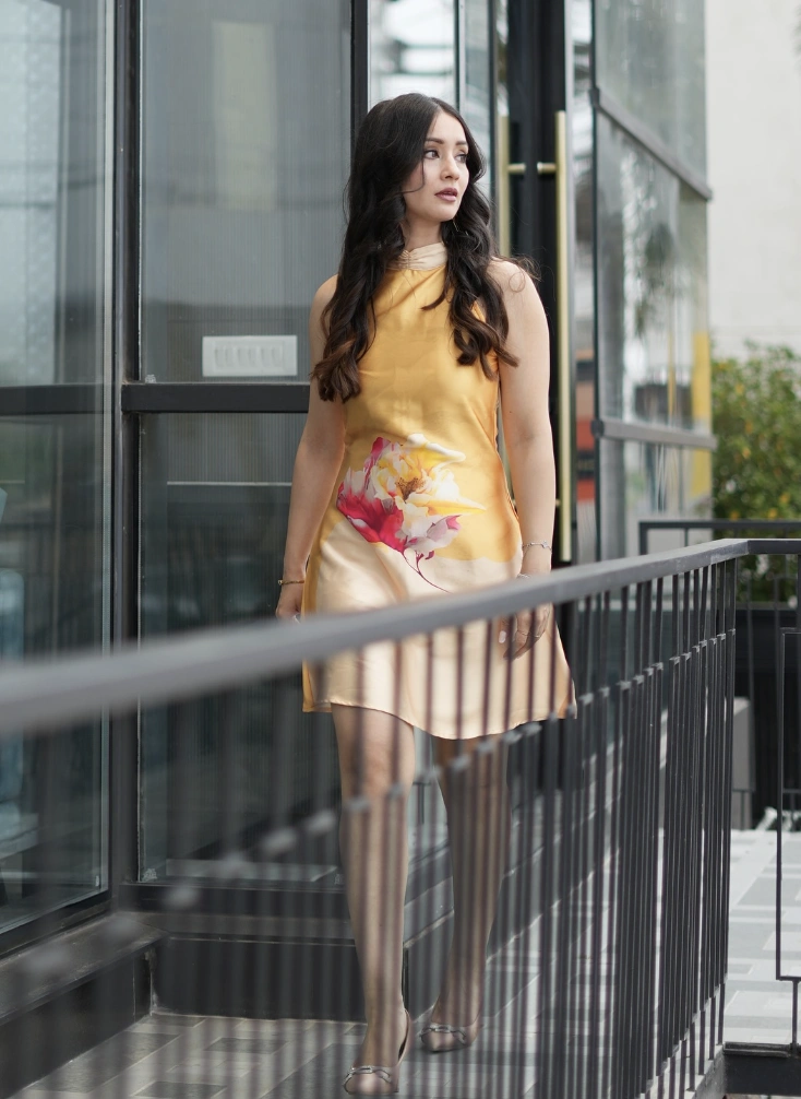 Yellow Printed Satin Dress + Nude Heeled Sandals