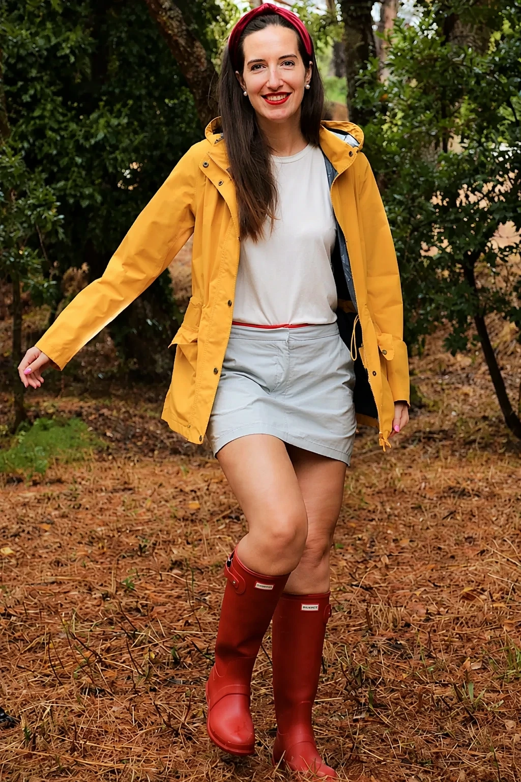 Yellow Rain Jacket + White Tee + Light Blue Mini Skirt + Red Rain Boots