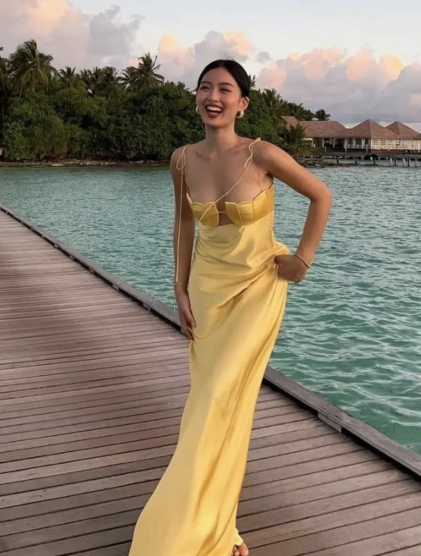 Yellow Satin Dress + Strappy Sandals