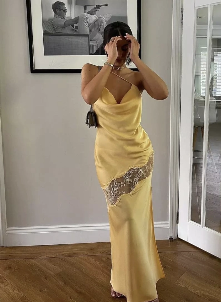 Yellow Satin Slip Dress Lace Detail + Strappy Heels
