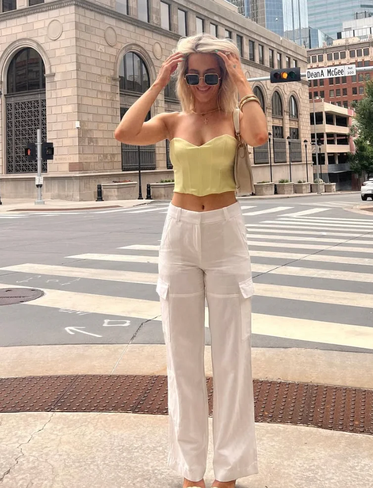 Yellow Strapless Crop Top + White Wide-Leg Cargo Pants + Black Slide Sandals