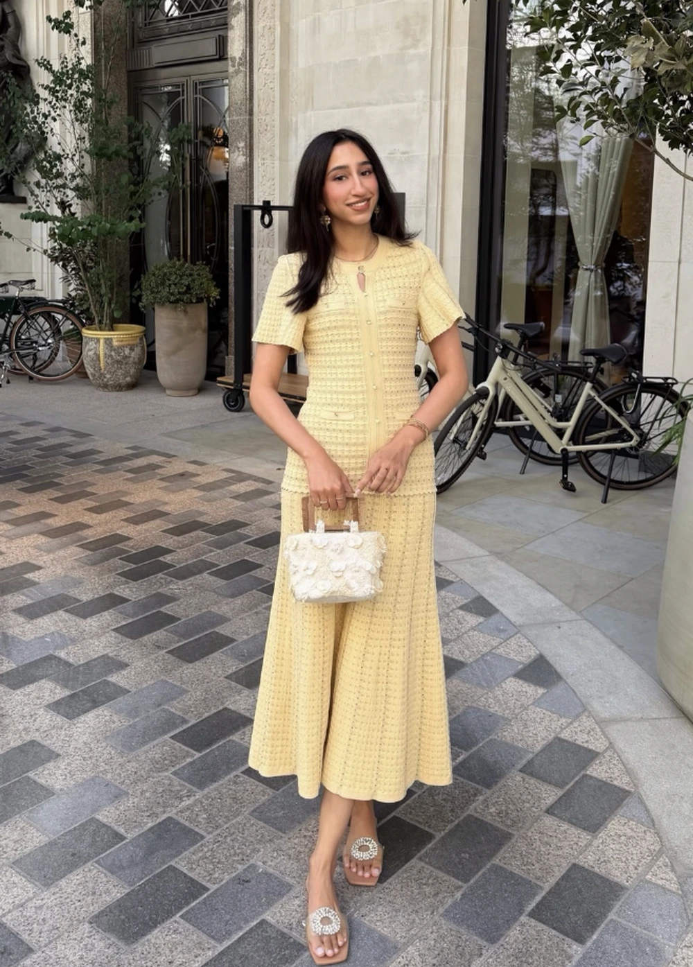 Yellow Textured Midi Dress + Embellished Flat Slides