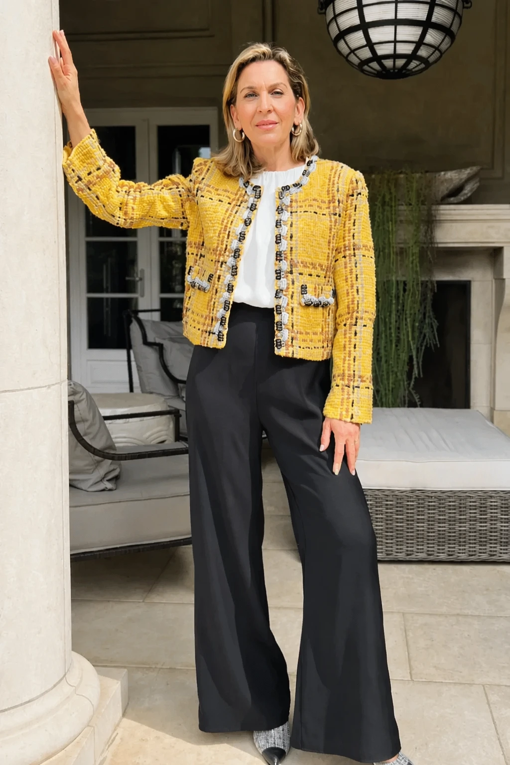Yellow Tweed Cropped Jacket + White Blouse + Black Wide-Leg Trousers + Silver Heeled Shoes